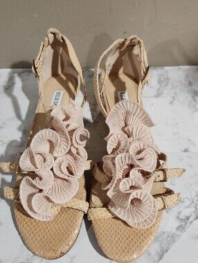 Kelsi Dagger sandals beige and gold snakeskin pattern with large ruffled fabric